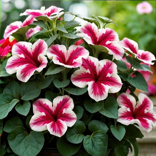 Яркий сад с разнообразными петуниями в цветочных корзинах и клумбах на солнечном фоне.