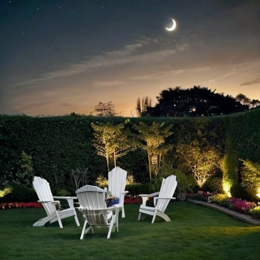 Сад в сумерках с луной, томаты, инструменты и календарь фаз луны.