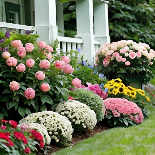 Цветущий сад с пионами и зеленью укропа, гармония декоративного и кулинарного садоводства.