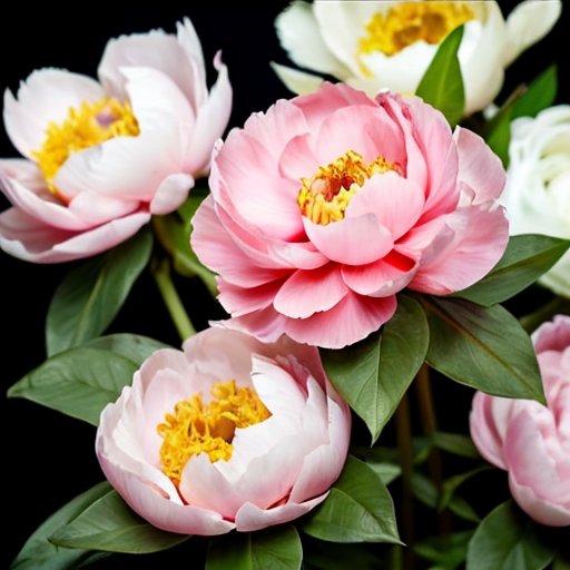 Цветущий сад с пионами разных цветов и размеров, ухоженная дорожка и поливочная лейка.