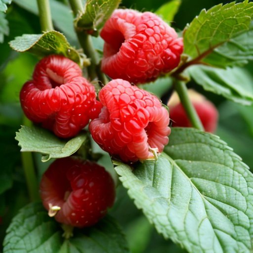 Яркий сад малины с летними и вечными сортами, красные и зеленые ягоды, солнечное и облачное небо.