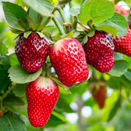 Яркая фруктовая и ягодная ферма с разнообразными деревьями и кустами, под голубым небом.