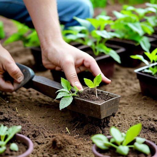Фокинский плоский резак на темной почве среди свежепосаженных овощных грядок с зелеными растениями и всходами.
