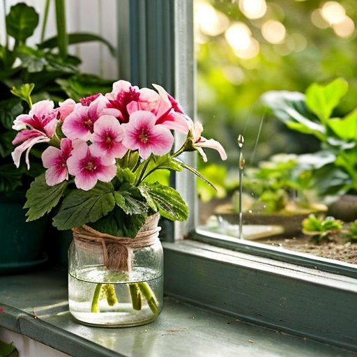 Сердечная установка для комнатного садоводства с черенками герани в стеклянной банке, инструментами и книгами о растениях.