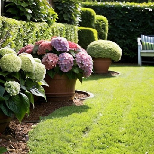 Цветущий сад с гортензиями, яркими весенними цветами и ухоженной почвой.