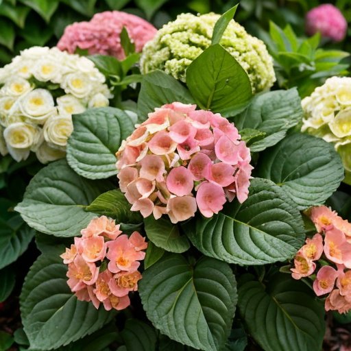 Яркий сад с цветущими гортензиями, различными типами почвы и элементами защиты от солнца и ветра.