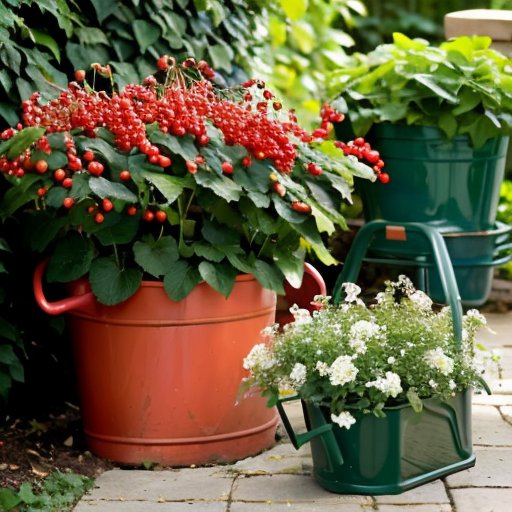 Красный смородиновый куст с яркими ягодами на фоне солнечного сада.