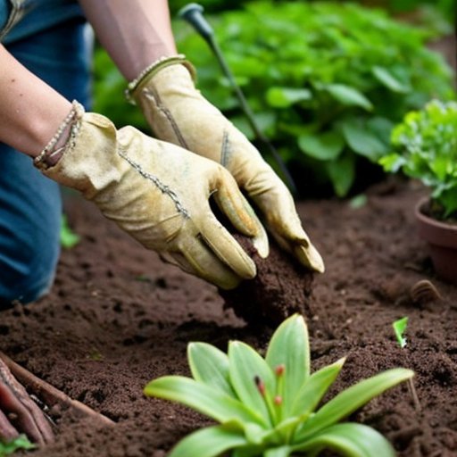 Садовая клумба с луковицами лилий, окружённая цветами и инструментами для садоводства.