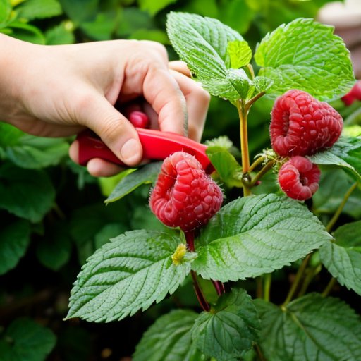 Малиновый куст с яркими ягодами в ухоженном саду, рядом садовые инструменты и тестер pH почвы на фоне солнечного дня.