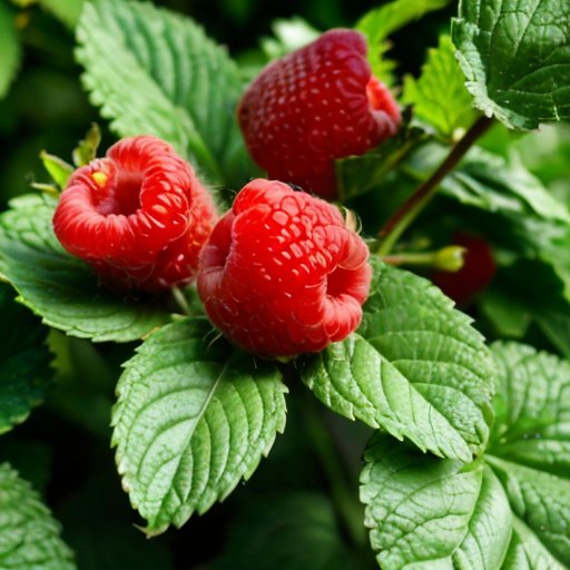 Ухоженная малиновая плантация в солнечном саду с зелеными растениями и зрелыми малиной, элементы ухода за растениями и защиты от ветра.