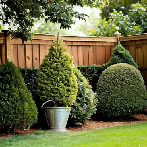 Зеленая туя в ухоженном саду с цветами и инструментами.