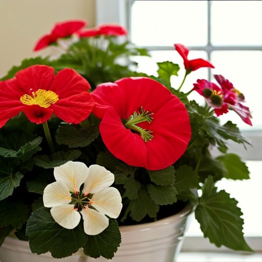 Яркий здоровый герань в светлом интерьере с цветами, листьями, лейкой и удобрениями.