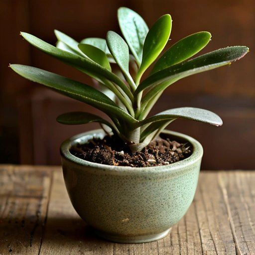 Срез здорового растения нефритовой лилии в воде с корнями, окружённый инструментами для садоводства.