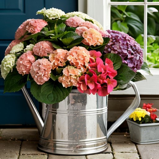 Яркая горшечная гортензия с инструментами для садоводства в светлом помещении.