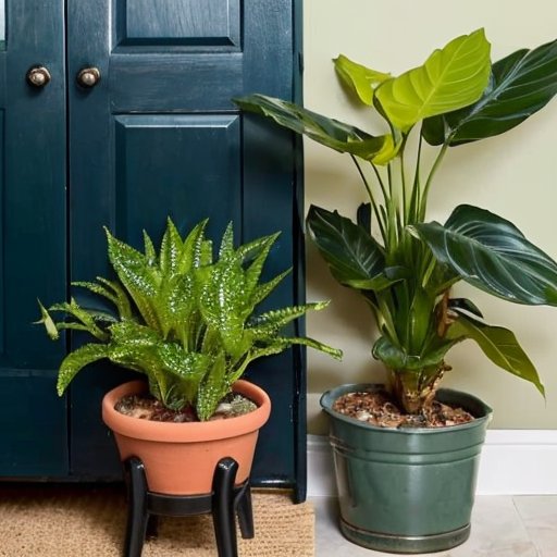 Станция по уходу за комнатными растениями с горшками, грунтом и инструментами.