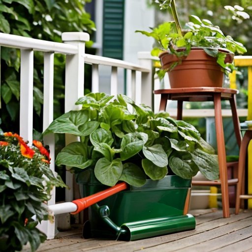 Балконный сад с огурцами, полив, органическое удобрение и термометр на фоне солнечного города.