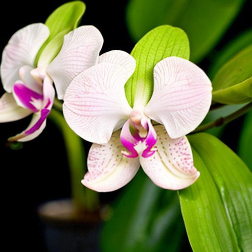 Здоровая орхидея Фаленопсис в полном цветении на фоне удобрений и поливочного кана.