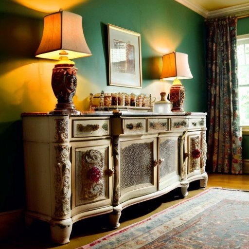 Антикварный буфет в уютной комнате с инструментами для реставрации.