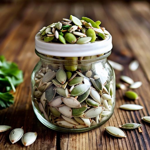 Стеклянная банка с зелеными проросшими семенами тыквы на деревянном столе, окруженная свежими травами и салатом, с естественным светом.