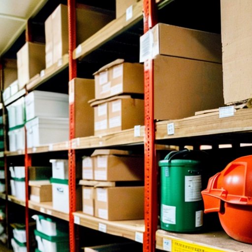 Организованная мастерская с горючими материалами и средствами безопасности.