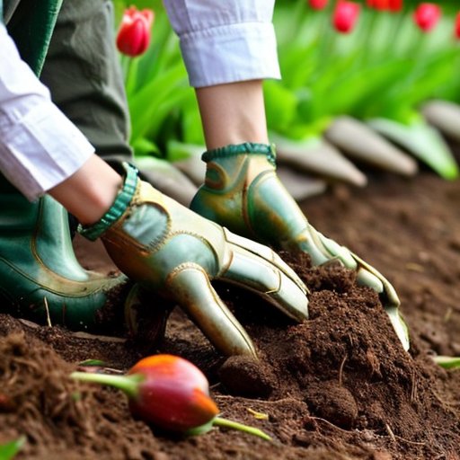 Яркий сад с посадкой тюльпанов в тёмную почву в солнечный май.