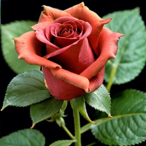 Здоровое растение розы с яркими листьями и цветами на фоне темных стеблей, символизирующее правильный уход.