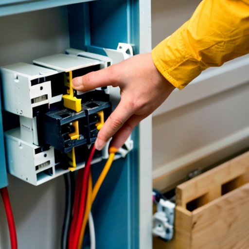 Аккуратная установка электропроводки с цветными проводами в распределительной коробке и этикетками безопасности.