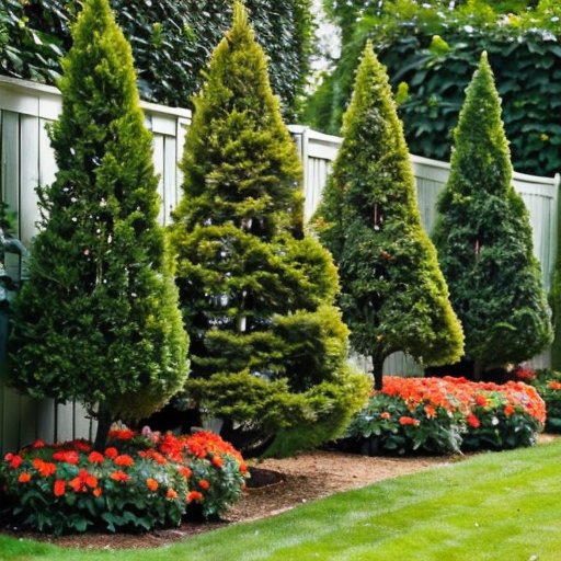 Ухоженное дерево туи в саду с обрезанными ветвями, яркие цветы и инструменты для садоводства.