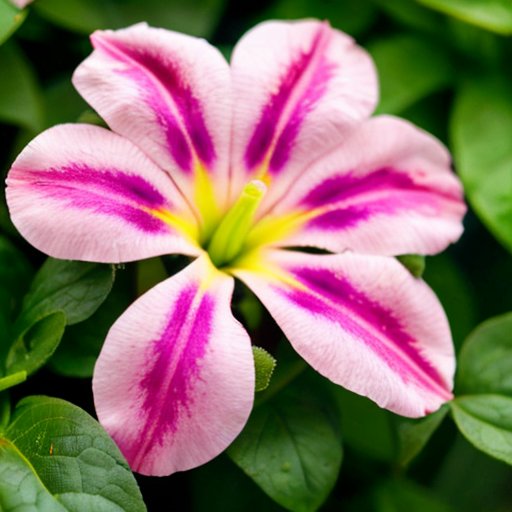 Цветущая петуния с инструментами для ухода за растениями.