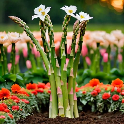 Сад спаржи с высокими растениями, темной почвой, органическими удобрениями и цветами весны под ясным небом.