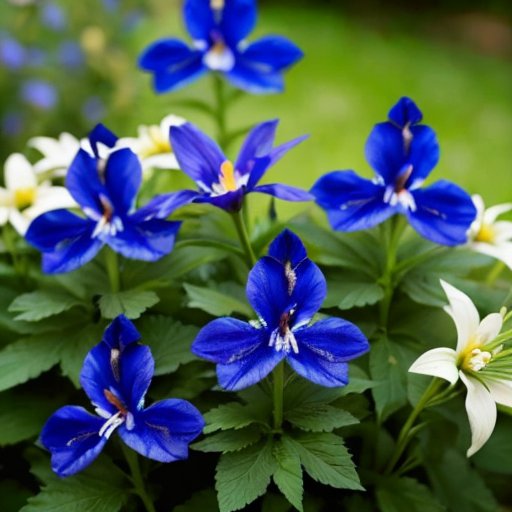 Цветущий сад с высокими делфиниумами, поддерживаемыми колышками, и инструментами для ухода.