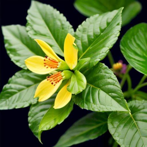 Здоровый бальзам в саду с зелеными листьями и яркими цветами, рядом секатор для обрезки. Солнечный день на фоне.