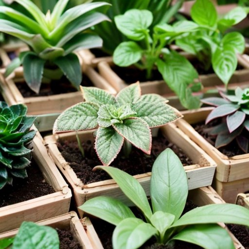 Упорядоченная теплица с рассадой, термометром и инструментами для подготовки почвы.