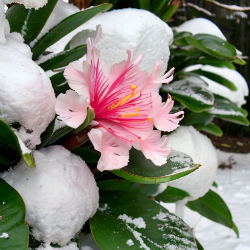 Зимний сад рододендронов с защитными материалами и снегом.