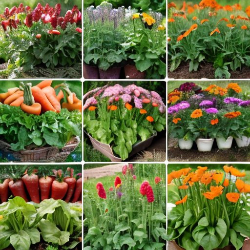 Яркий сад с разнообразным планом севооборота: корнеплоды, зелень, ягодные кусты и травы.