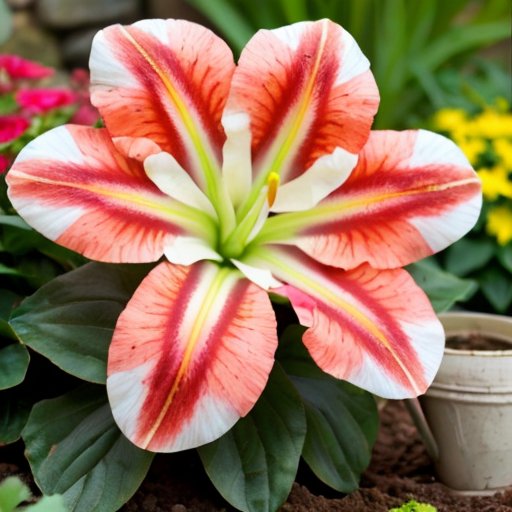 Цветущий сад с гладиолусами, удобрениями и инструментами для ухода за растениями.