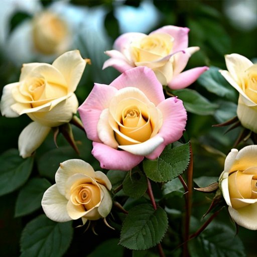 Сердечный весенний сад с цветущими розами, инструментами для садоводства и мягким солнечным светом.