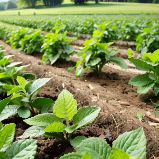 Ореховый сад с молодыми деревьями, аккуратно посаженными в ряды, на плодородной земле под солнечным небом.