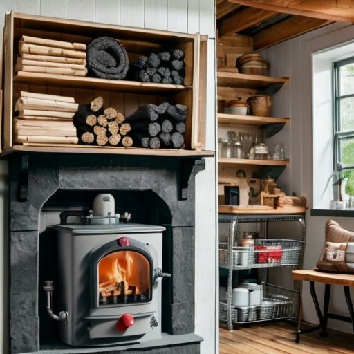 Уютное и организованное котельное помещение с аккуратно расставленными инструментами, чистым котлом, различным топливом и списком безопасности на стене.