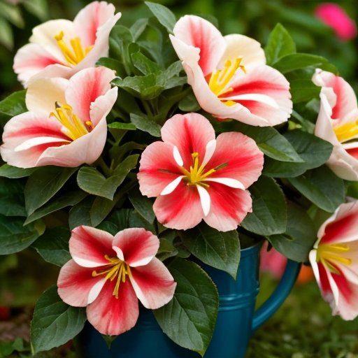 Цветущий сад с растением Вейгела, яркими цветами и садовыми инструментами.