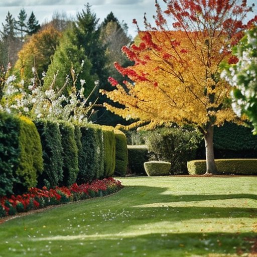 Субурбанный сад в Московском регионе: весенние цветущие груши и осенние золотые листья.