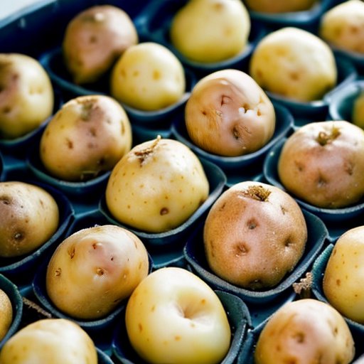 Станция для проращивания картофеля с здоровыми клубнями, инструментами и календарем.