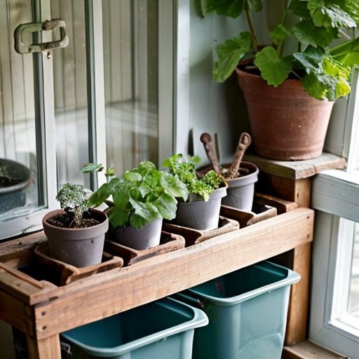 Упорядоченное рабочее место для садоводства с пакетами семян герани, горшком с землёй, лейкой и календарём для посева.