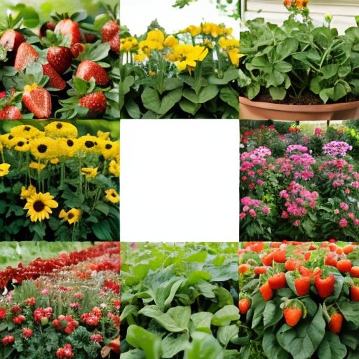 Схема цветного огорода с секциями для севооборота: клубника, овощи, цветы, полезные предшественники.