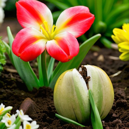 Цветущий сад с тюльпанами, нарциссами и гиацинтами, заботливо ухоженный с удобрениями и поливом.