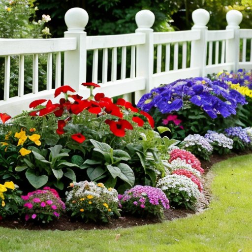 Яркая клумба с разноцветными петуниями на фоне ясного неба.