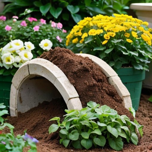 Цветущий сад с эустомами и образцами почвы в контейнерах.