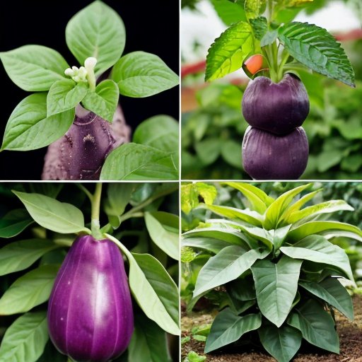 Сад с яркими баклажанами, обрезка растений и садовые ножницы на фоне здоровых растений под солнечным небом.