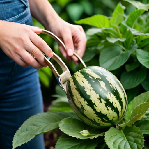 Яркий сад с здоровыми растениями арбузов и дынь, акцент на процессе прививки, сочные листья и зрелые плоды.