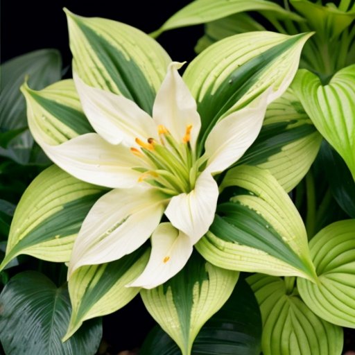 Летний сад с яркими хостами, капли воды на листьях, солнечный свет сквозь деревья.